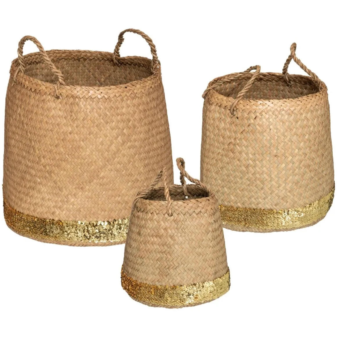 Set de 3 paniers ronds à anses, roseau tressé, sequins dorés