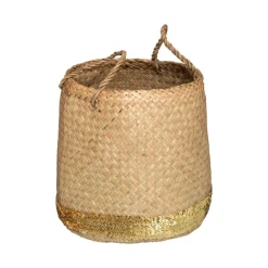 Set de 3 paniers ronds à anses, roseau tressé, sequins dorés